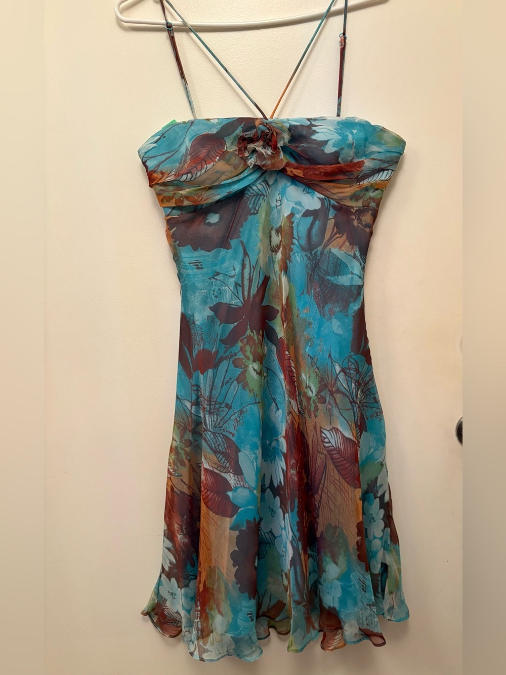 Teal Floral Strapless Summer Dress with Rosette Detail